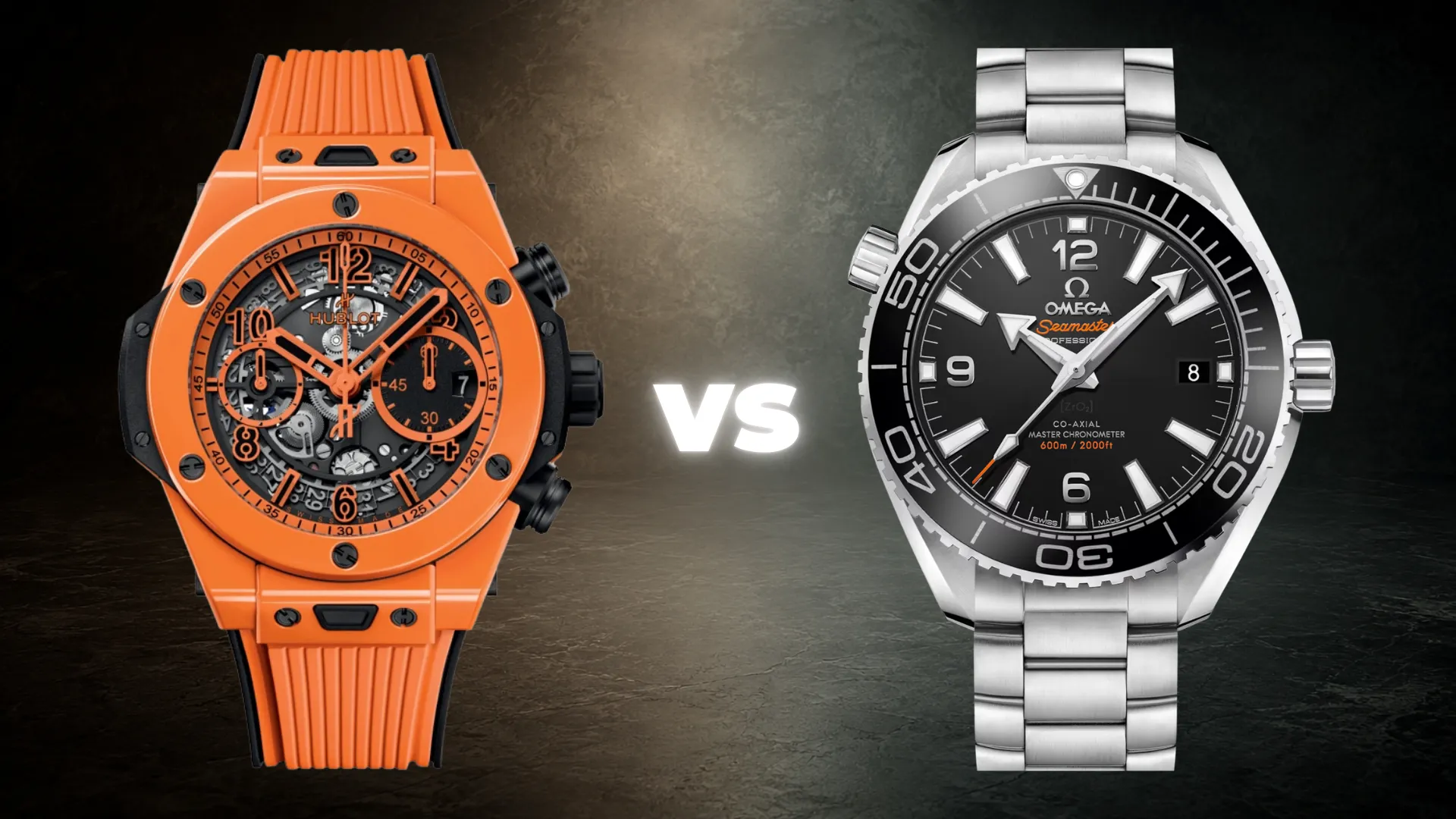 Hublot Big Bang Unico orange ceramic and Omega Seamaster Planet Ocean black dial shown side by side with VS graphic on dark slate background