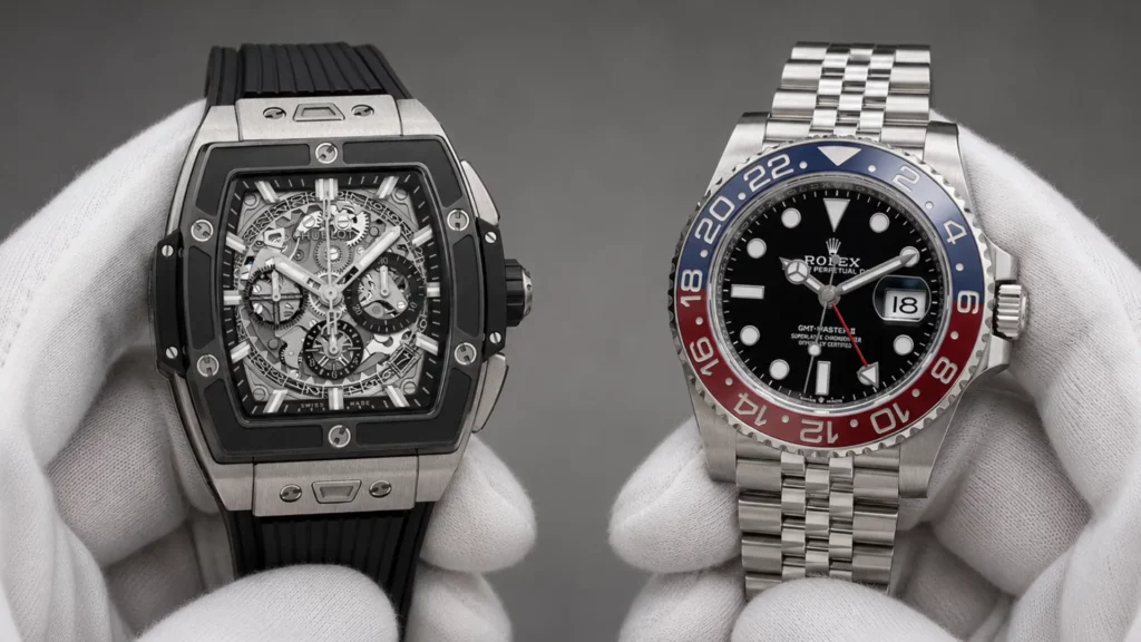 Hublot Spirit of Big Bang and Rolex GMT-Master II Pepsi held side by side in white-gloved hands