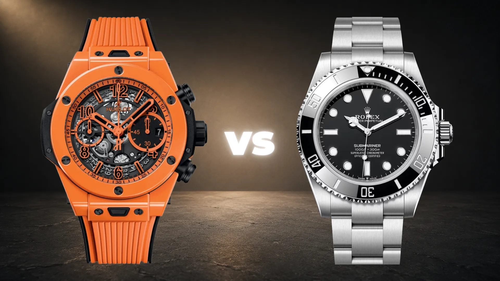 Orange Hublot Big Bang and steel Rolex Submariner side by side with VS graphic on a dark background