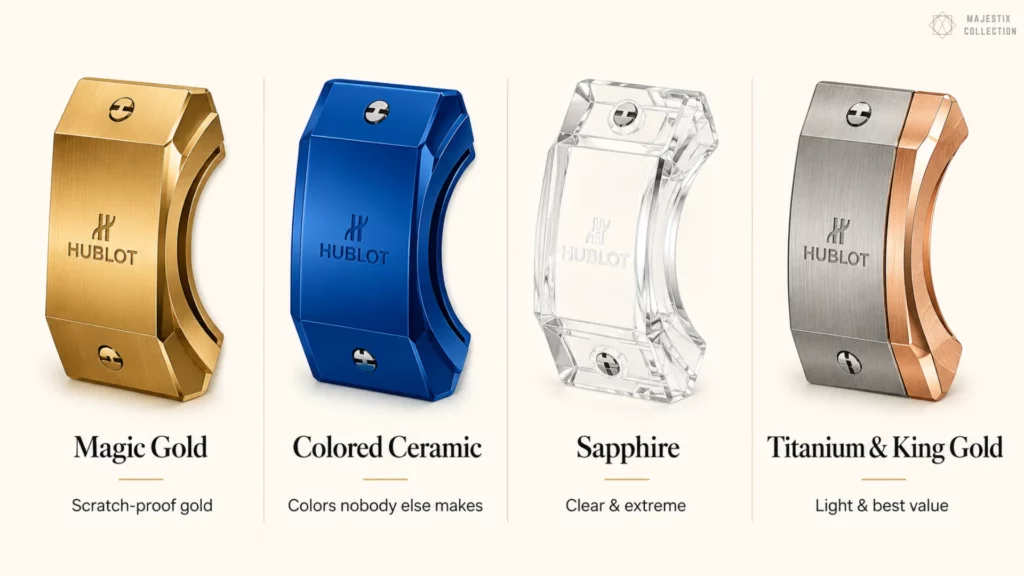 Four Hublot bezel materials shown: Magic Gold, colored ceramic, sapphire, and titanium with King Gold