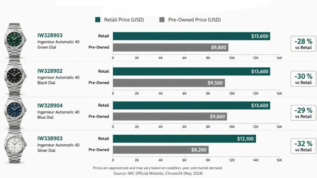 IWC Ingenieur retail vs pre-owned price comparison chart by reference 2026