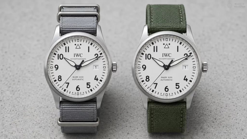 Two IWC Pilot Mark XVIII white dial watches on grey NATO and green canvas straps