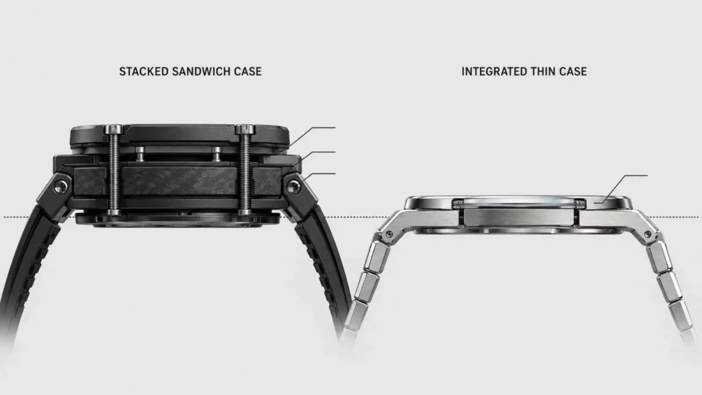 Cross-section diagram comparing the Hublot Big Bang sandwich case with the AP Royal Oak thin integrated case