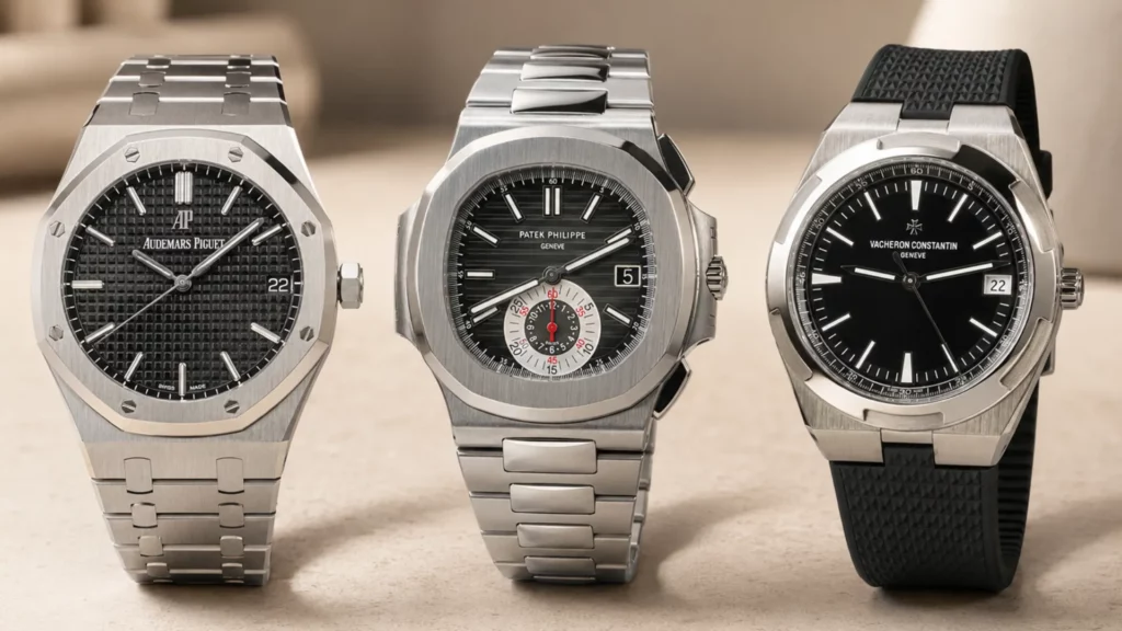 Three integrated bracelet sports watches with black dials: Audemars Piguet Royal Oak, Patek Philippe Nautilus, and Vacheron Constantin Overseas
