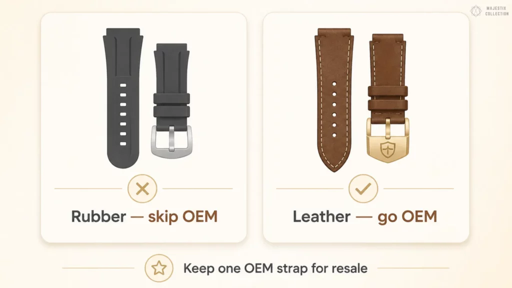 Rubber strap marked skip OEM versus brown leather strap marked go OEM, with a tip to keep one OEM strap for resale