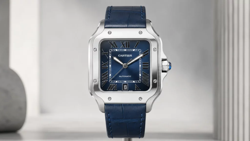 Cartier Santos with blue dial and blue alligator strap on grey background