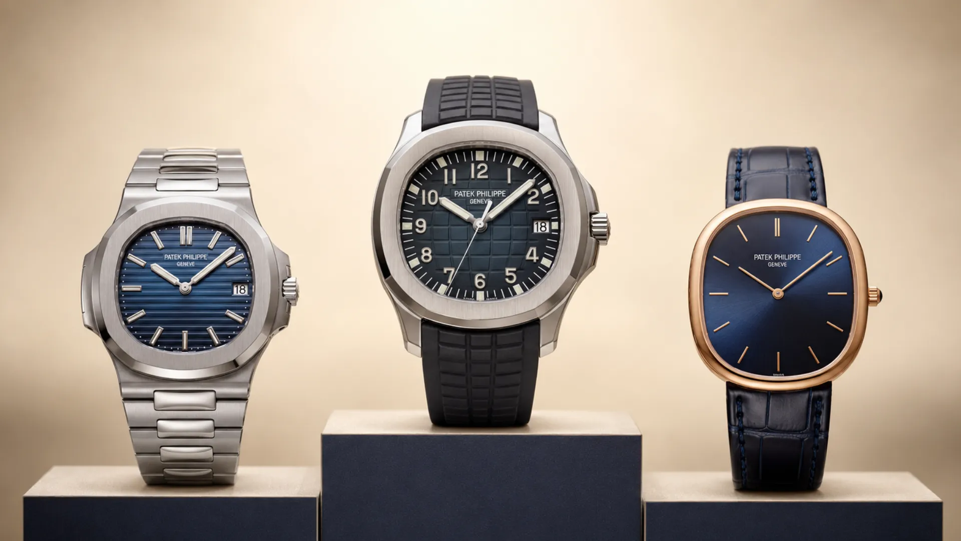 Three Patek Philippe watches, a steel Nautilus, Aquanaut, and rose gold Golden Ellipse, on navy display blocks