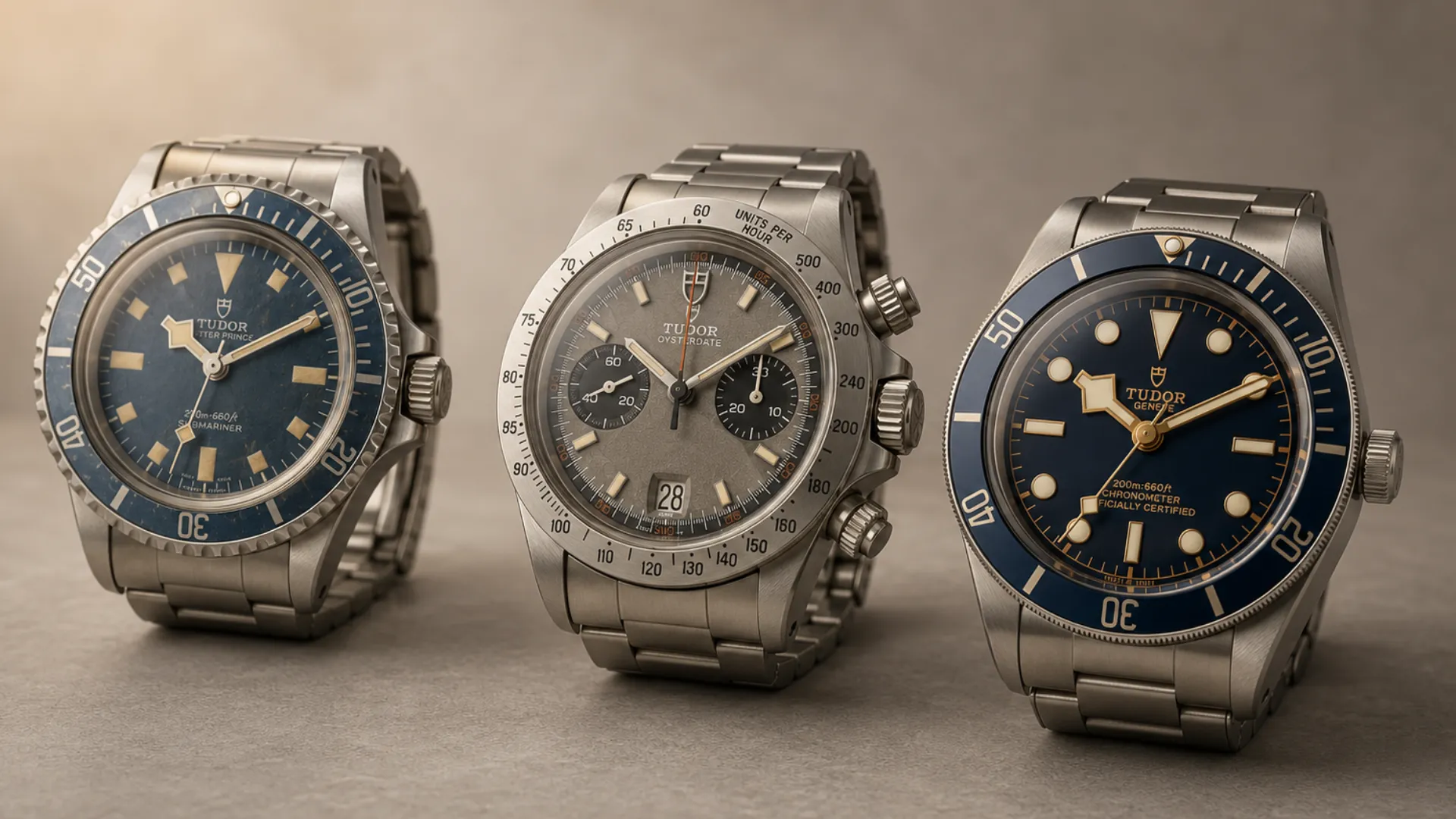 Three vintage Tudor watches including a Submariner and Oysterdate chronograph on a grey backdrop