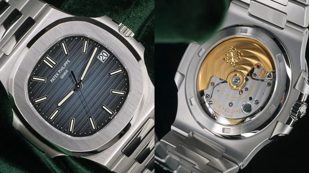 Patek Philippe Nautilus 5711/1A with blue embossed dial and steel bracelet, gold-rotor movement shown