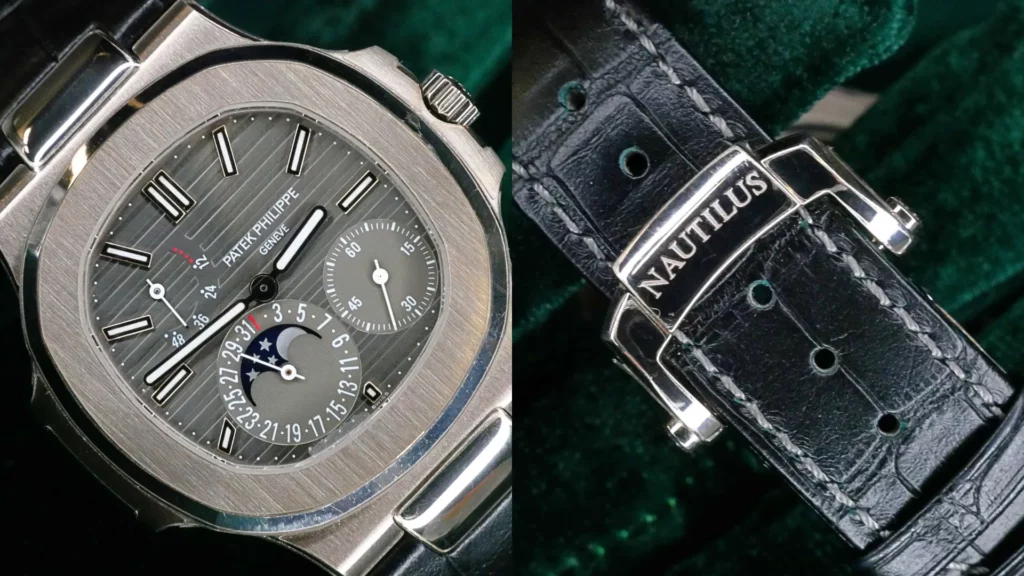 Patek Philippe Nautilus 5712G with grey dial, moonphase, and power reserve on a navy strap, with Nautilus buckle detail