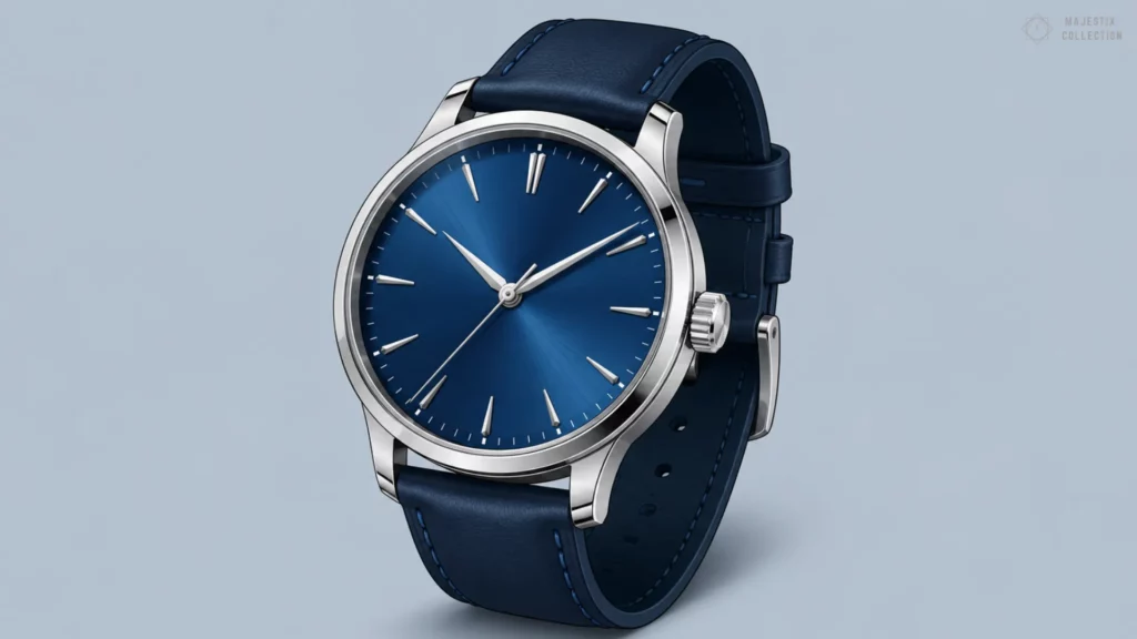 Silver blue dial watch on navy leather strap against pale blue background