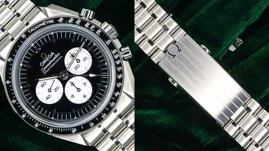 Omega Speedmaster Professional chronograph with black dial and white subdials beside close-up of its steel bracelet with Omega logo clasp on dark green velvet