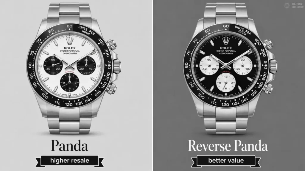 Rolex Daytona white panda dial labeled higher resale beside Rolex Daytona black reverse panda dial labeled better value