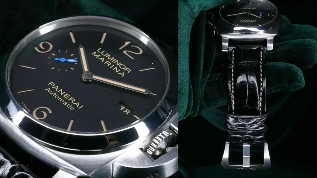 Close-up views of a Panerai Luminor Marina watch showing the black dial, small seconds subdial, date window, polished case, crown guard, and black leather strap