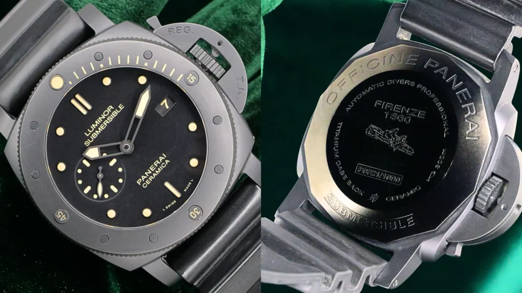 Black Panerai Luminor Submersible Ceramica beside its titanium engraved caseback on green velvet