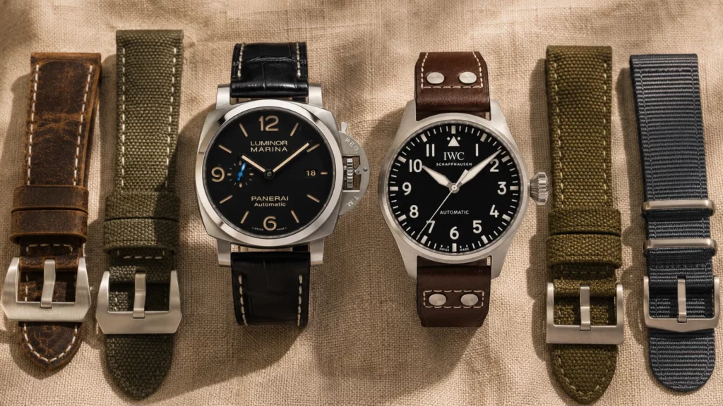 Panerai Luminor Marina and IWC Pilot black dial watches surrounded by leather, canvas, and NATO straps on linen