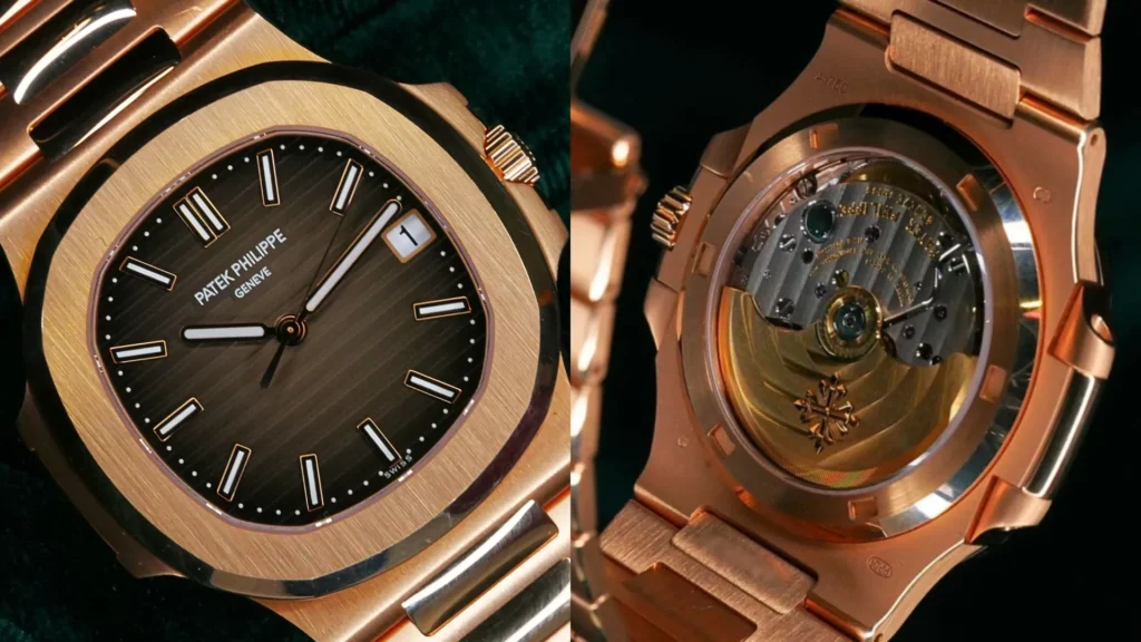 Rose gold Patek Philippe Nautilus 5711/1R with brown embossed dial beside close-up of its exhibition caseback and gold rotor on dark green velvet