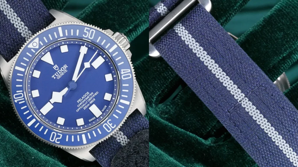 Tudor Pelagos FXD with blue dial and titanium case on a blue-and-white NATO strap, with strap detail