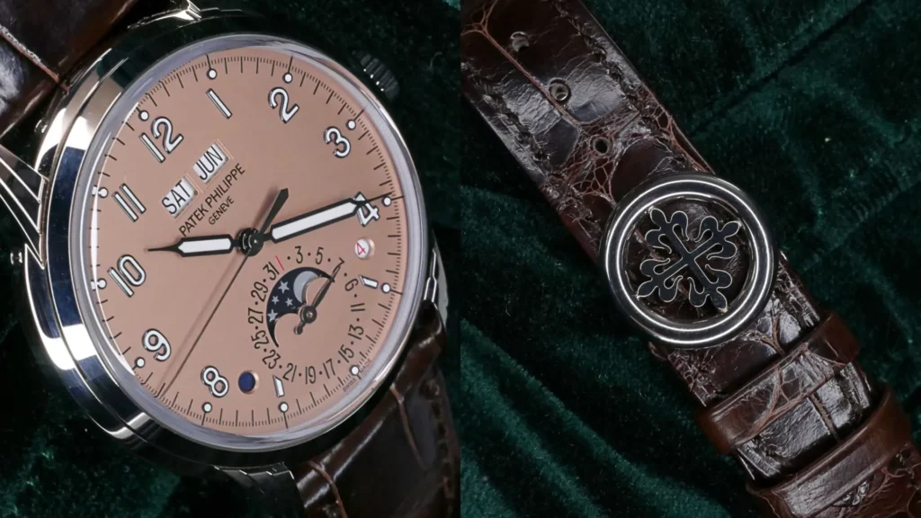 Patek Philippe Perpetual Calendar 5320G with salmon dial, moonphase, and brown leather strap, Calatrava cross buckle shown
