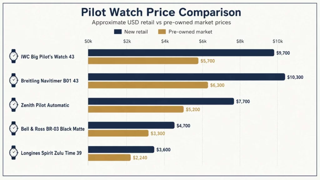 Chart comparing new retail versus pre-owned prices for iconic pilot watches