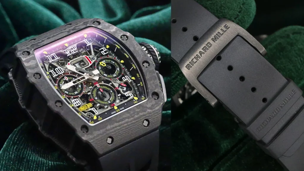 Richard Mille RM 11-03 carbon tonneau skeleton dial with branded rubber strap detail