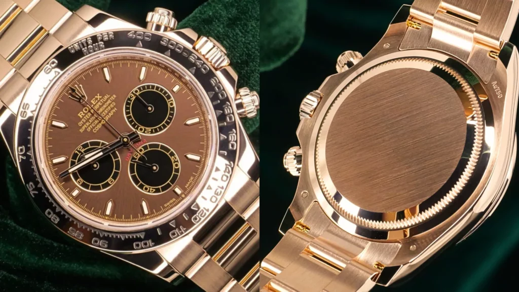Yellow gold Rolex Daytona with chocolate brown dial and black subdials beside close-up of its gold caseback and Oyster bracelet on dark green velvet