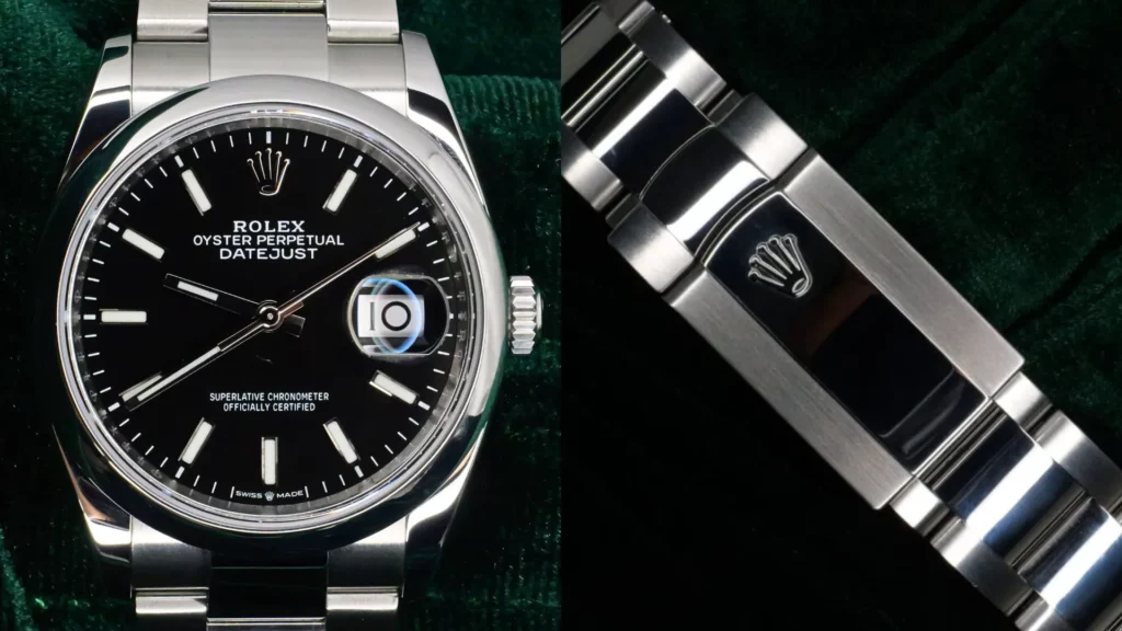 Steel Rolex Datejust 36 with black dial and date on an Oyster bracelet, alongside its crown-signed clasp, on green velvet