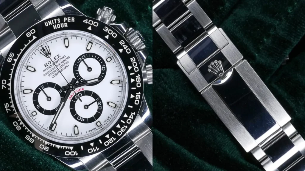 Rolex Daytona chronograph with white panda dial and black subdials beside close-up of its Oyster bracelet with Rolex crown clasp on dark green velvet