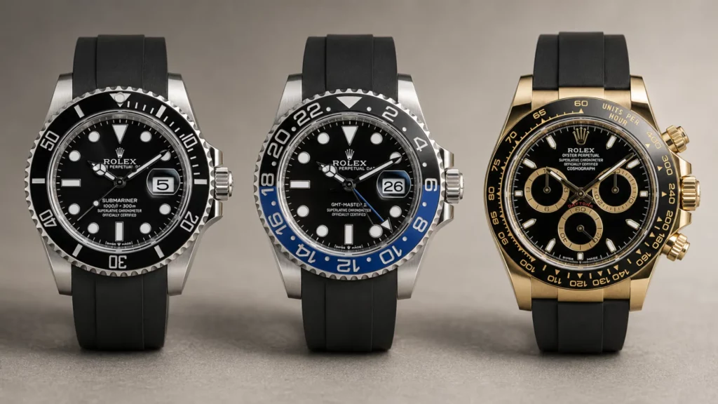 Three Rolex sport watches on black rubber straps: Submariner, Batman GMT-Master II, and gold Daytona