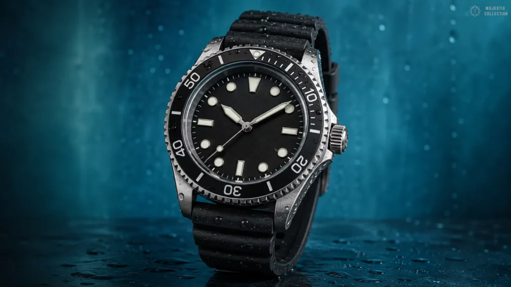 Steel dive watch with black dial on black rubber strap against wet blue background
