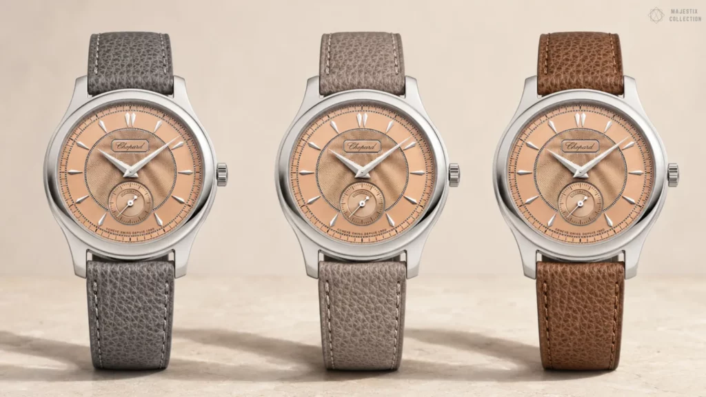 Three steel Chopard watches with salmon guilloché dials side by side on grey, taupe, and brown leather straps against a cream background