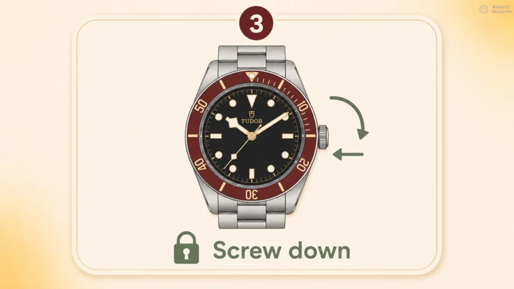 Step 3 of winding a Tudor Black Bay: screw the crown back down, shown with lock icon and clockwise arrows