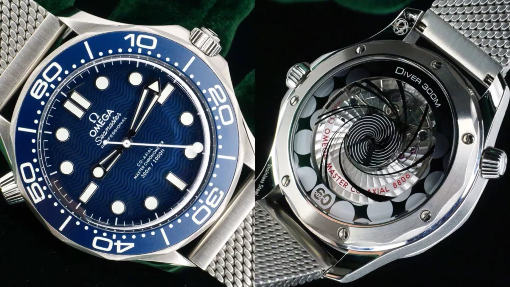 Omega Seamaster Diver 300M 007 Edition with blue dial and spiral-decorated caseback on a mesh bracelet