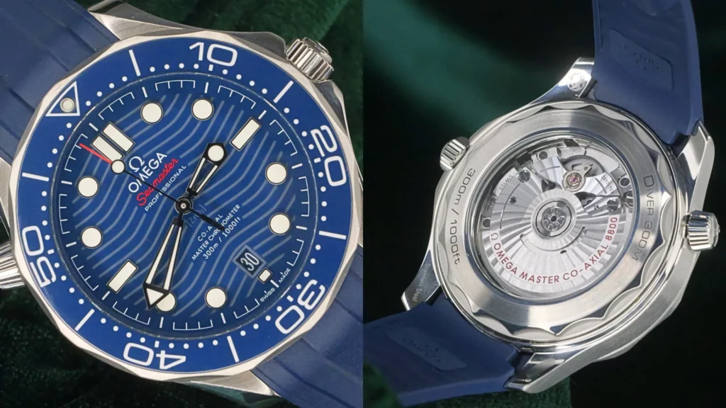 Omega Seamaster Diver 300M with blue wave dial and exhibition caseback on a blue rubber strap