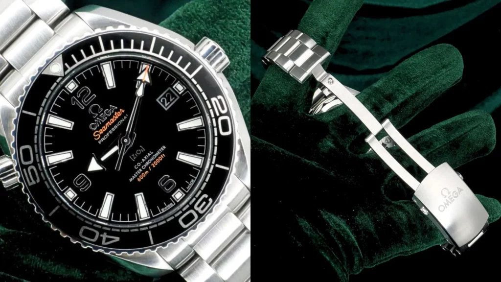 Omega Seamaster Planet Ocean 600M with black dial and bezel beside close-up of its steel bracelet clasp on dark green velvet