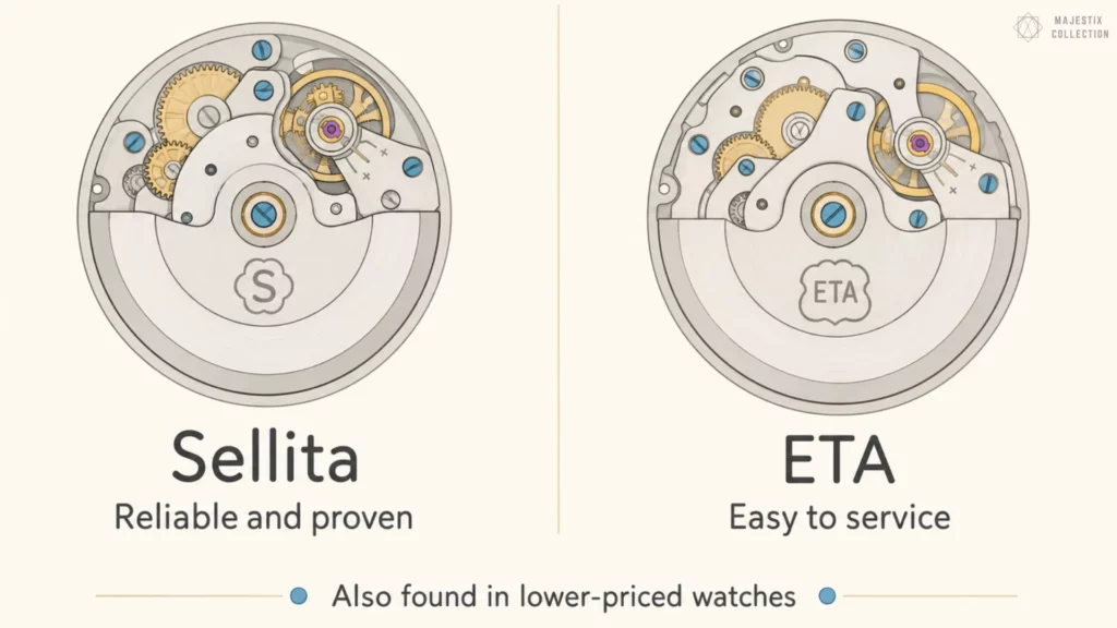 Illustrated comparison of Sellita and ETA base movements used in Hublot watches