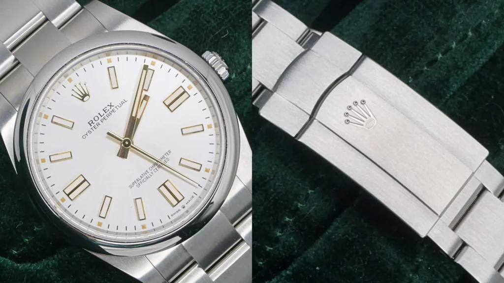 Rolex Oyster Perpetual with silver sunburst dial beside close-up of its Oyster bracelet with Rolex crown clasp on dark green velvet