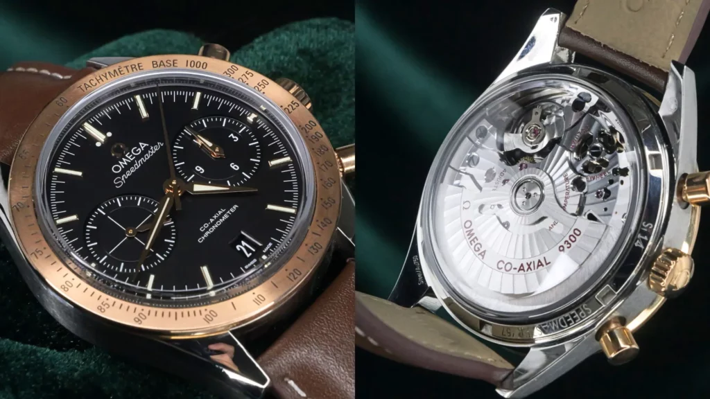 Omega Speedmaster '57 chronograph with black dial, rose gold bezel, and exhibition caseback on brown leather