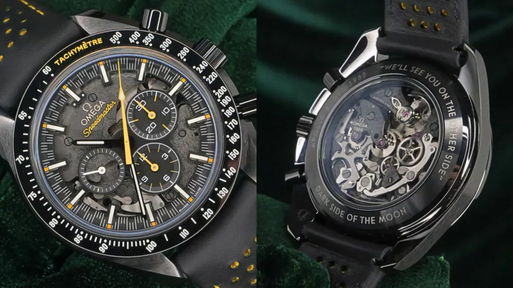 Omega Speedmaster Dark Side of the Moon Apollo 8 with black ceramic case and skeleton dial, caseback shown