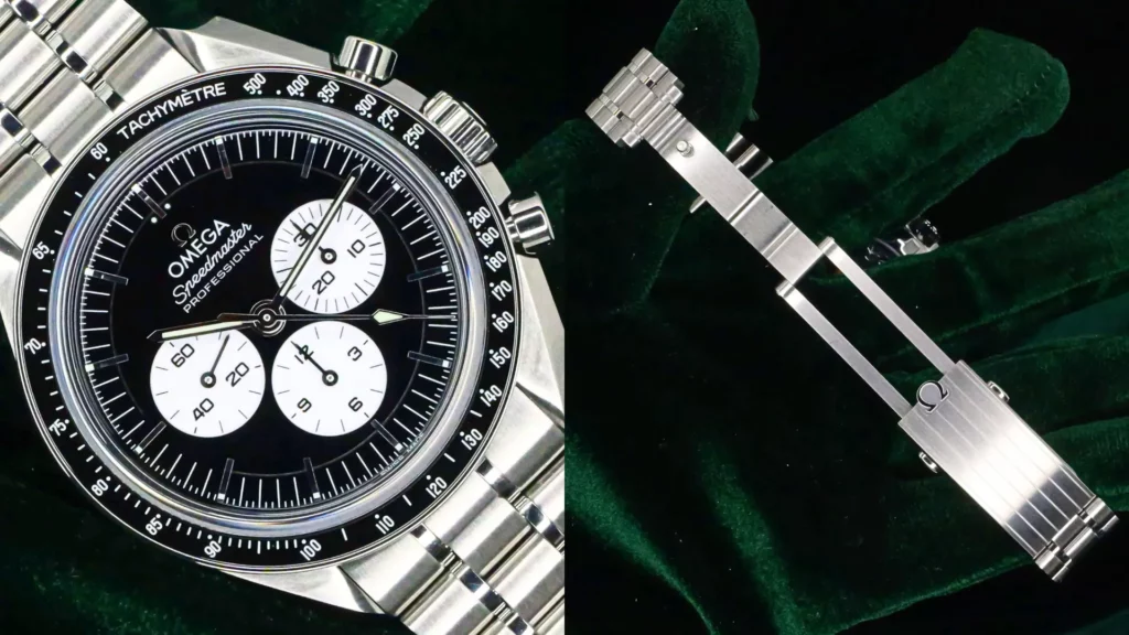 Omega Speedmaster Moonwatch Professional chronograph with black dial and white subdials beside close-up of its steel bracelet clasp on dark green velvet