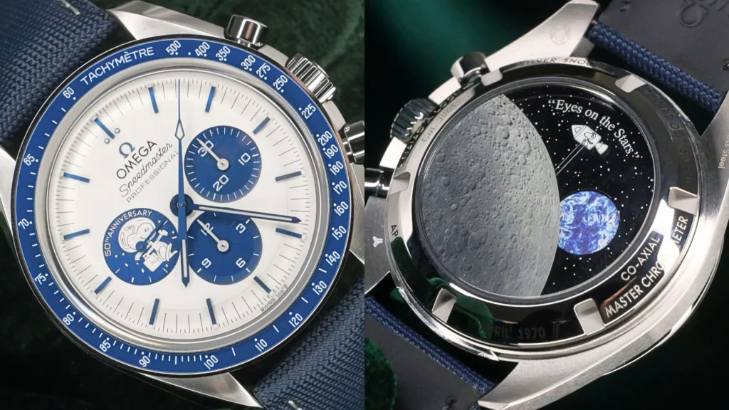 Omega Speedmaster Silver Snoopy Award with white dial and animated moon-and-earth caseback on a blue strap