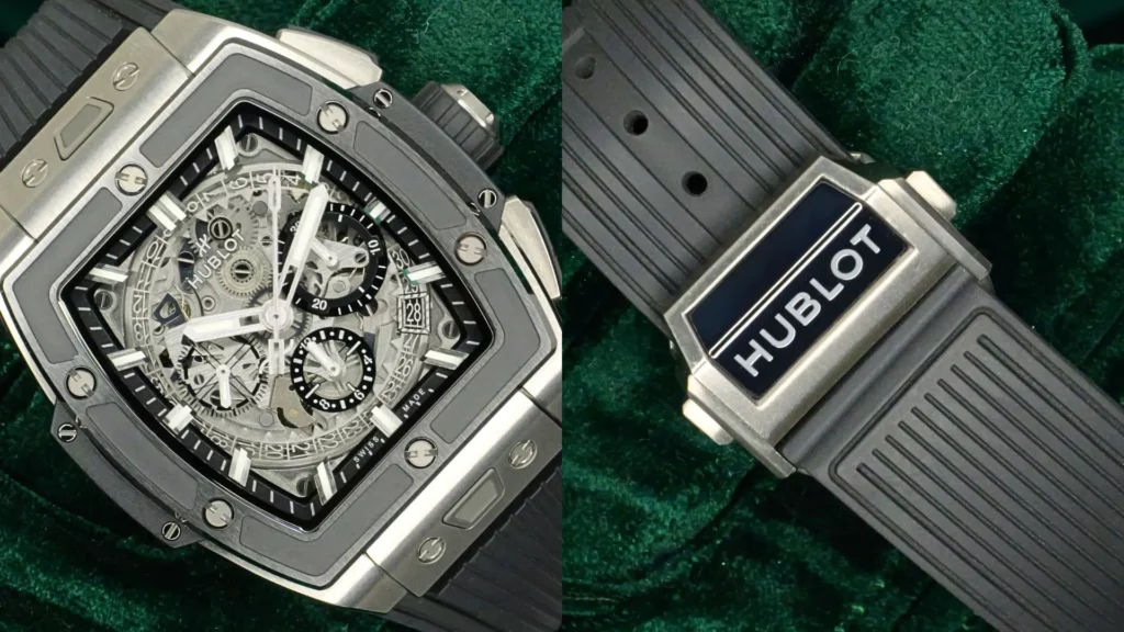 Hublot Spirit of Big Bang titanium skeleton chronograph beside close-up of its black rubber strap with Hublot keeper on dark green velvet