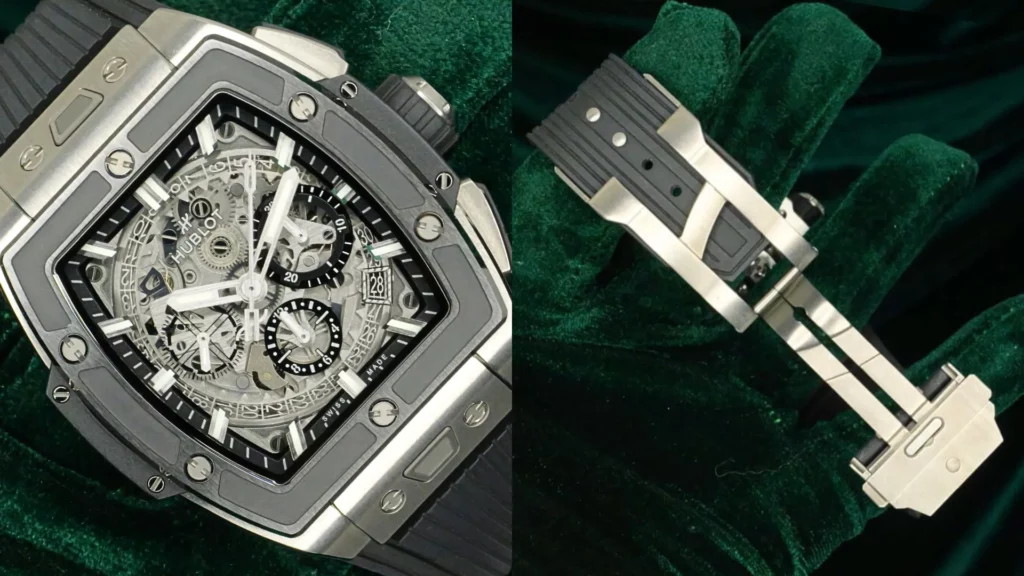 Hublot Spirit of Big Bang titanium skeleton chronograph beside close-up of its black rubber strap and deployant clasp on dark green velvet