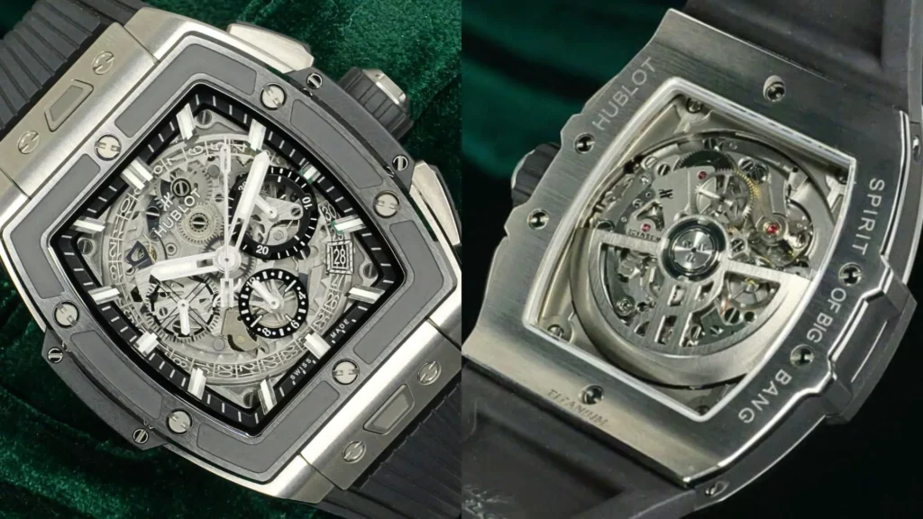 Hublot Spirit of Big Bang in titanium with tonneau case and skeleton chronograph dial, movement shown