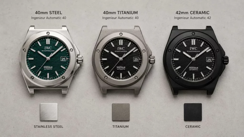 IWC Ingenieur case material comparison steel titanium and black ceramic