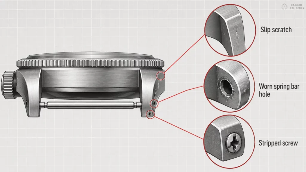 Watch case side profile flagging slip scratch, worn spring bar hole, and stripped screw