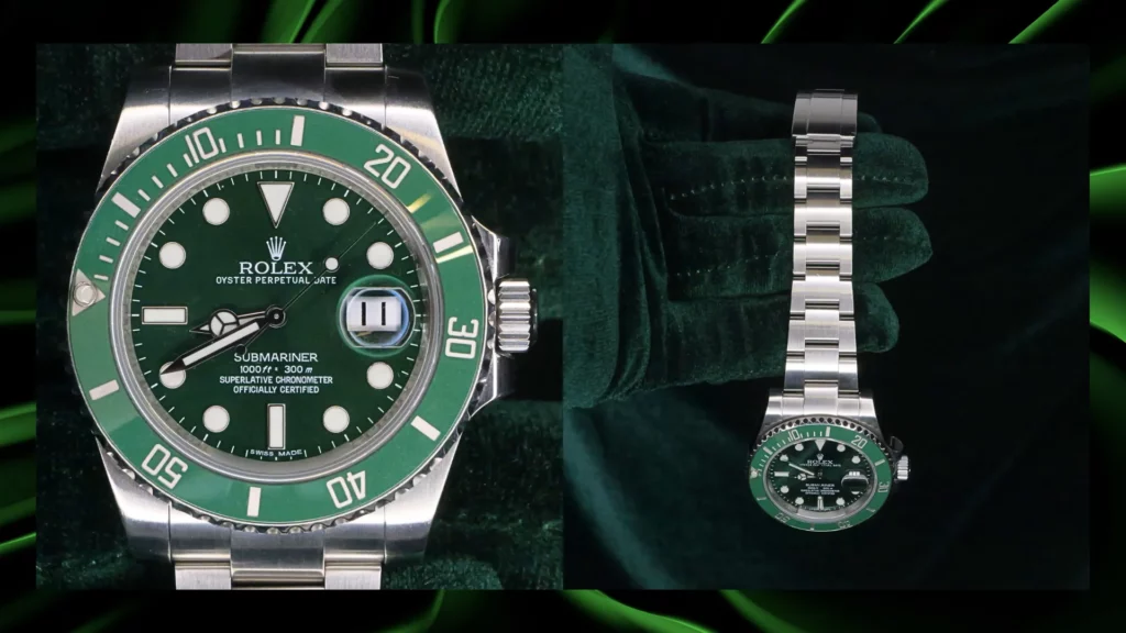 Rolex Submariner Hulk 116610LV shown in a split image, with a close-up of the green dial and bezel on the left and the full Oyster bracelet view on the right.