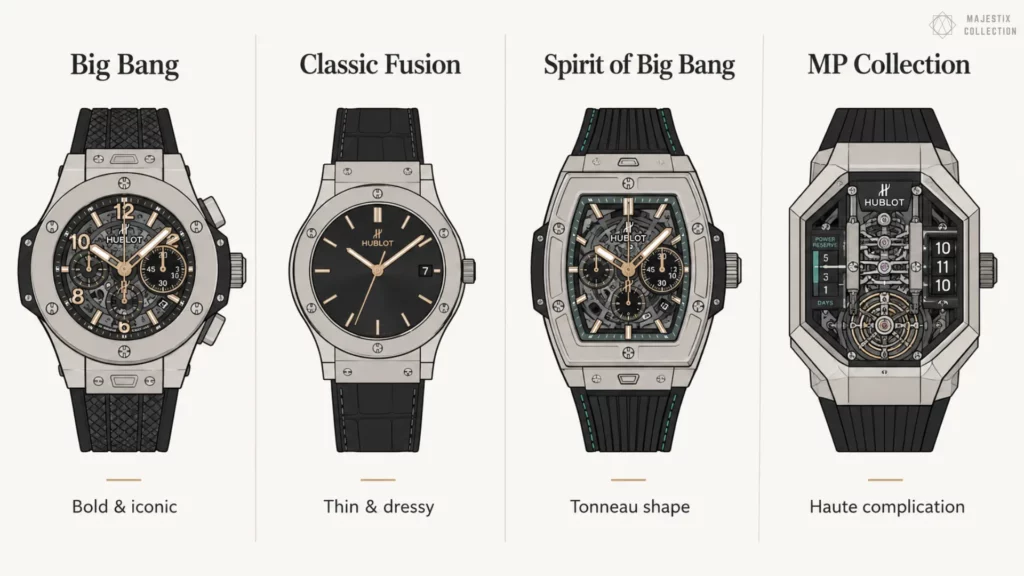 Four Hublot collections illustrated: Big Bang, Classic Fusion, Spirit of Big Bang, and MP Collection