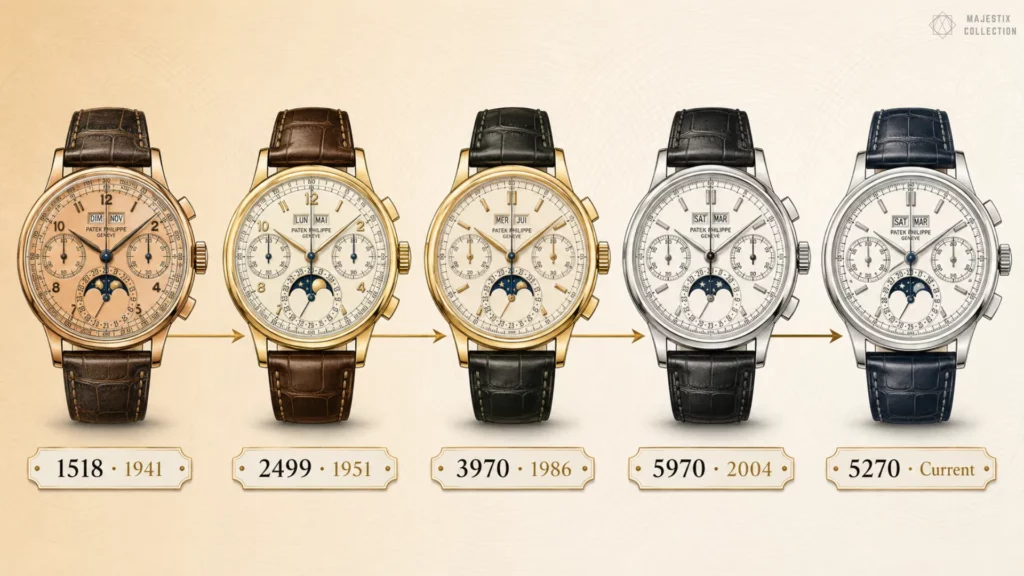 Timeline of five Patek Philippe perpetual calendar chronographs from the 1518 to the current 5270