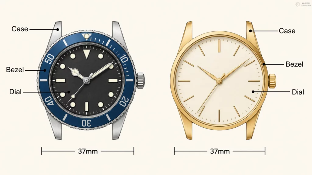 Two 37mm watches compared: a steel diver with thick bezel and small dial next to a gold dress watch with thin bezel and large dial, both labeled case, bezel and dial